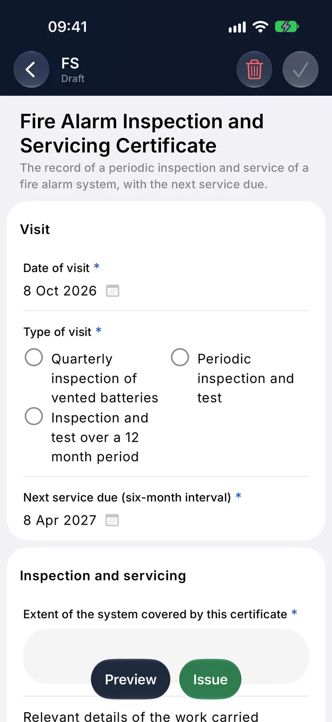 The fire alarm service certificate on a phone, with the date of visit, type of visit and next service due
