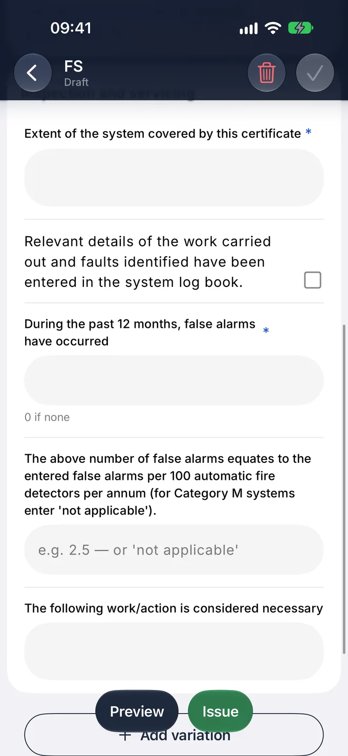 The inspection and servicing fields of the fire alarm service certificate