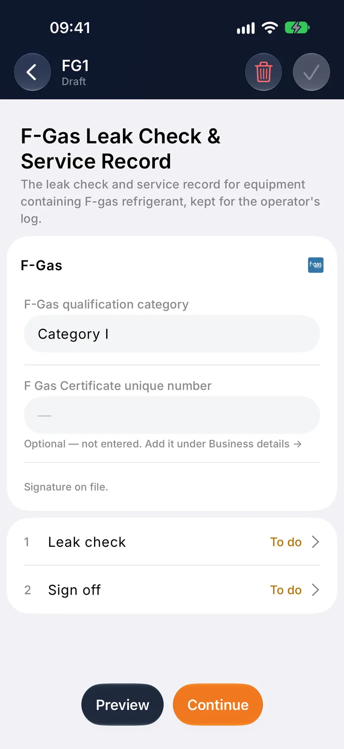 The F-Gas leak check record on a phone, with the engineer's F-Gas category and two sections