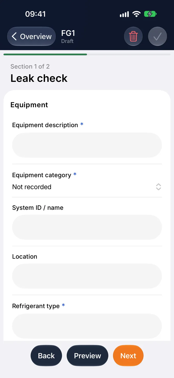 The Equipment fields of the leak check record
