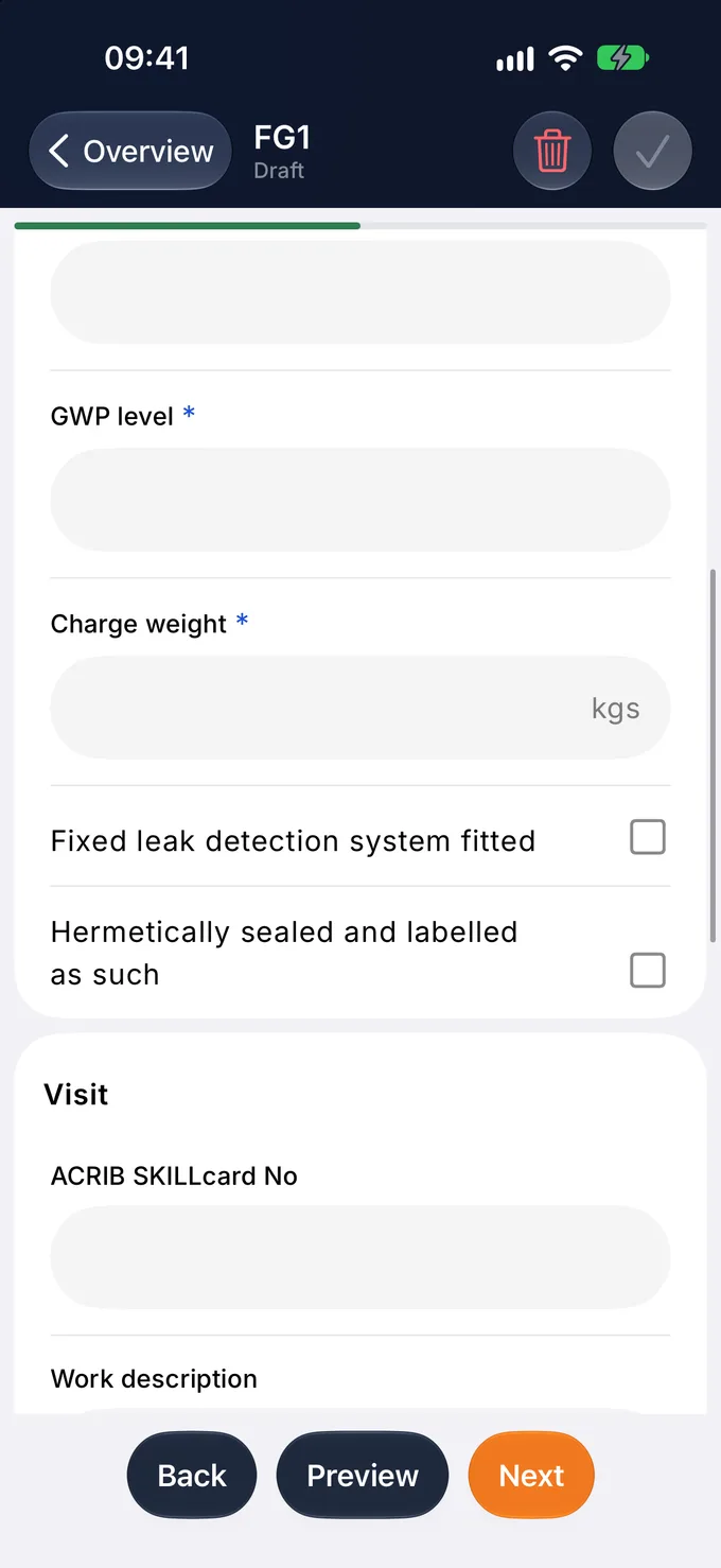 The charge weight and leak detection fields of the leak check record