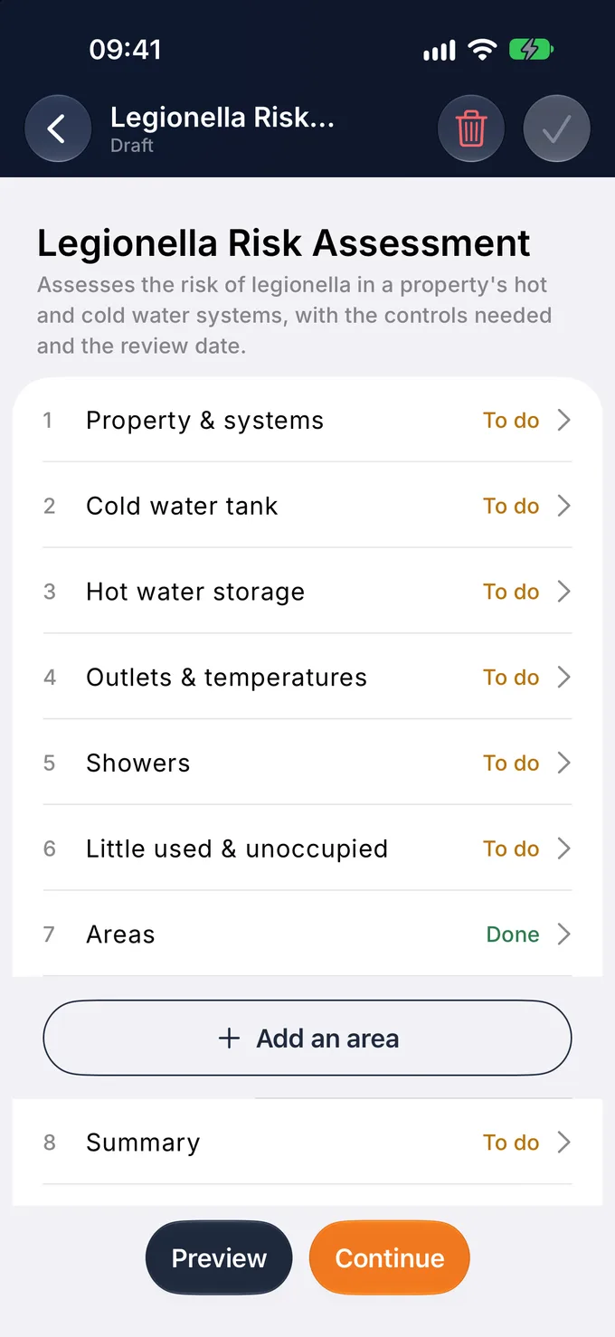 The Legionella risk assessment on a phone: nine sections