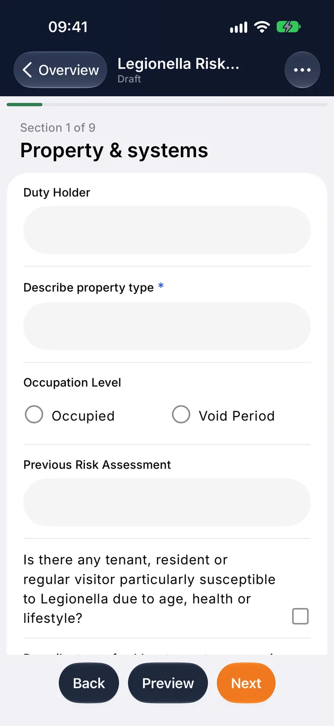 The Property and systems section of the Legionella risk assessment