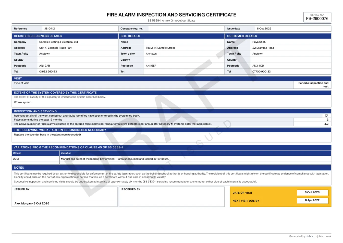 Sample fire alarm service certificate with made-up details, marked DRAFT