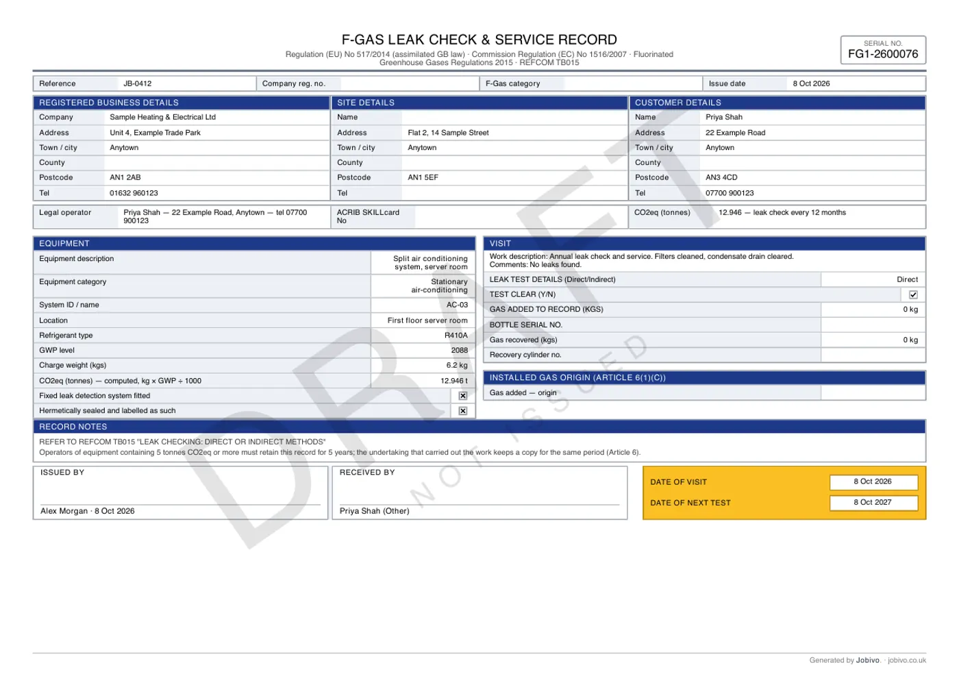 Sample leak check record with made-up details, marked DRAFT