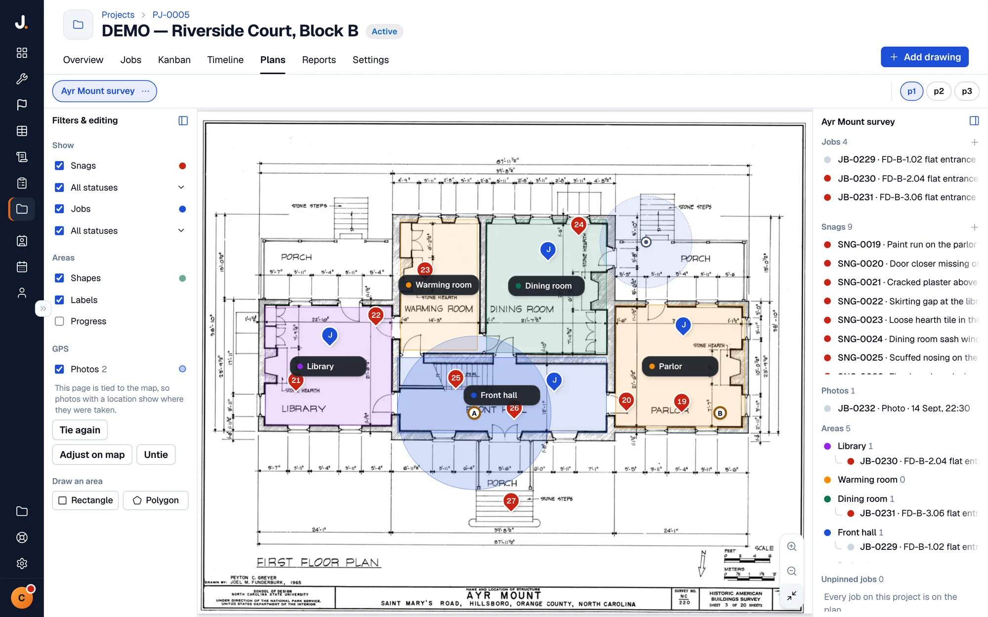 The Jobivo Drawings tab on a project: a first-floor PDF drawing covered in red snag pins and blue job pins, rooms marked out as coloured areas with name cards, the Filters and editing rail on the left and the Jobs, Snags and Areas lists on the right.