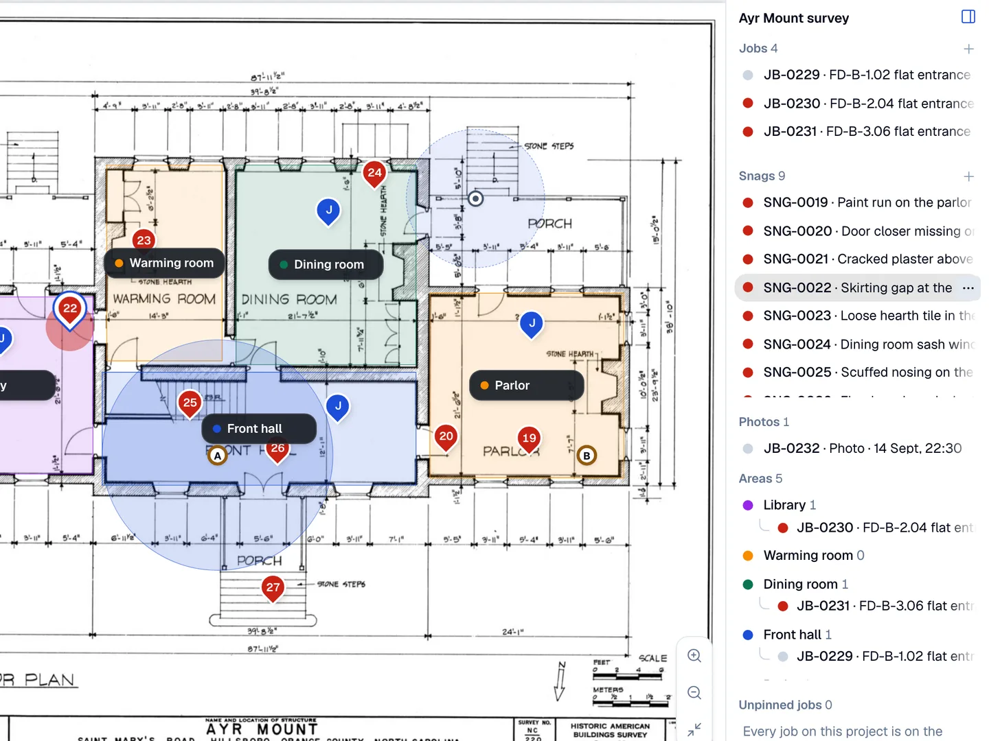 A selected red snag pin on a Jobivo floor plan, highlighted in the Snags list beside it, with the project's jobs listed above.