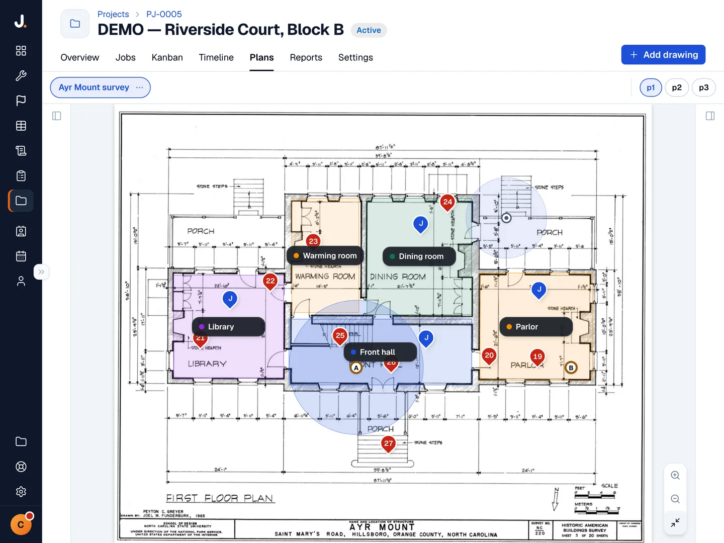 A project's drawings shown as named tabs, with page buttons for each sheet of the PDF, above the first-floor drawing in Jobivo.