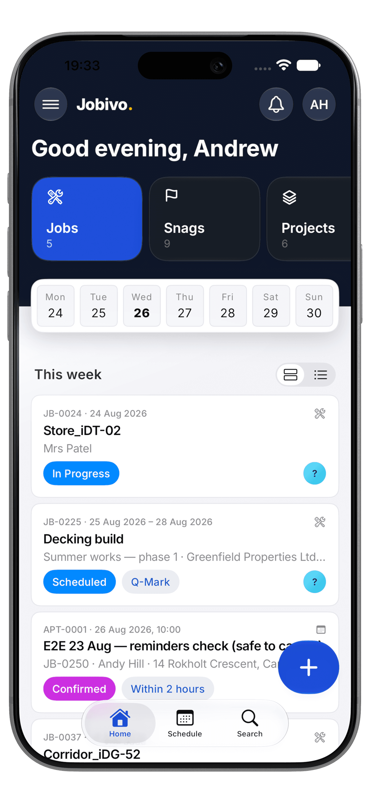 Jobivo mobile dashboard showing jobs, snags and projects