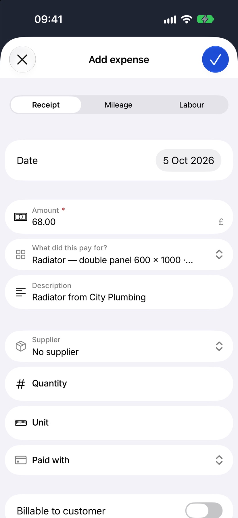 The expense filled in with an amount, the planned cost and a description