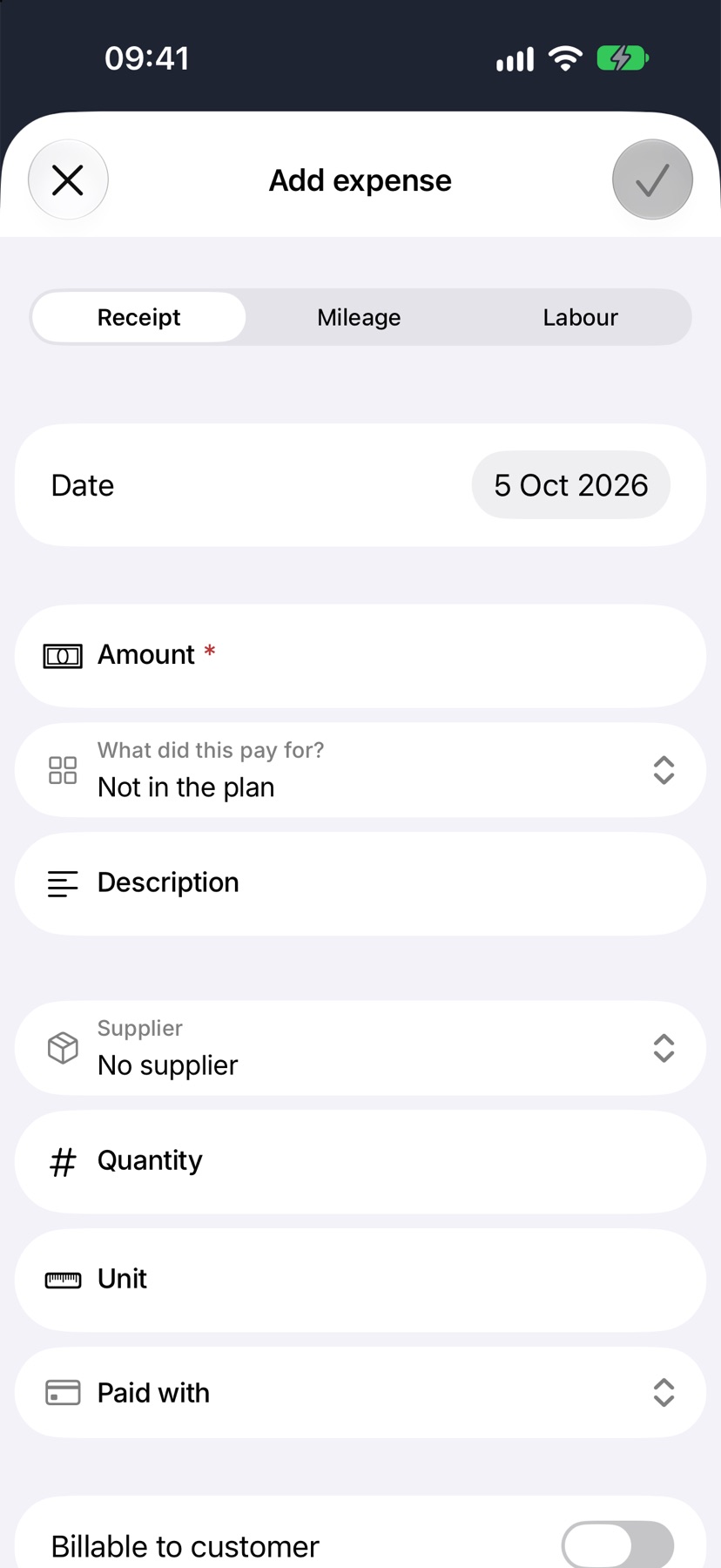 The Add expense form as it opens, with Receipt, Mileage and Labour at the top