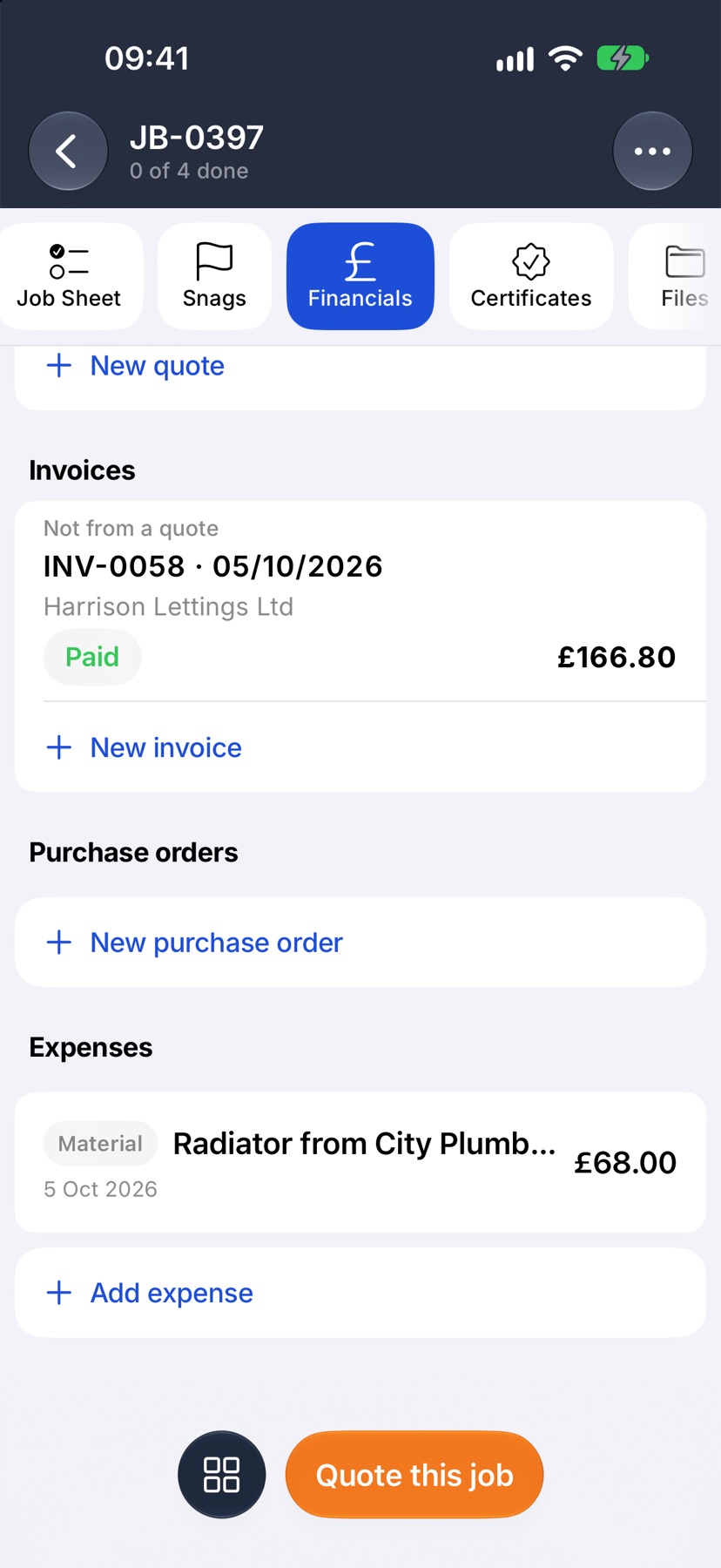 The job's Expenses section listing the new expense