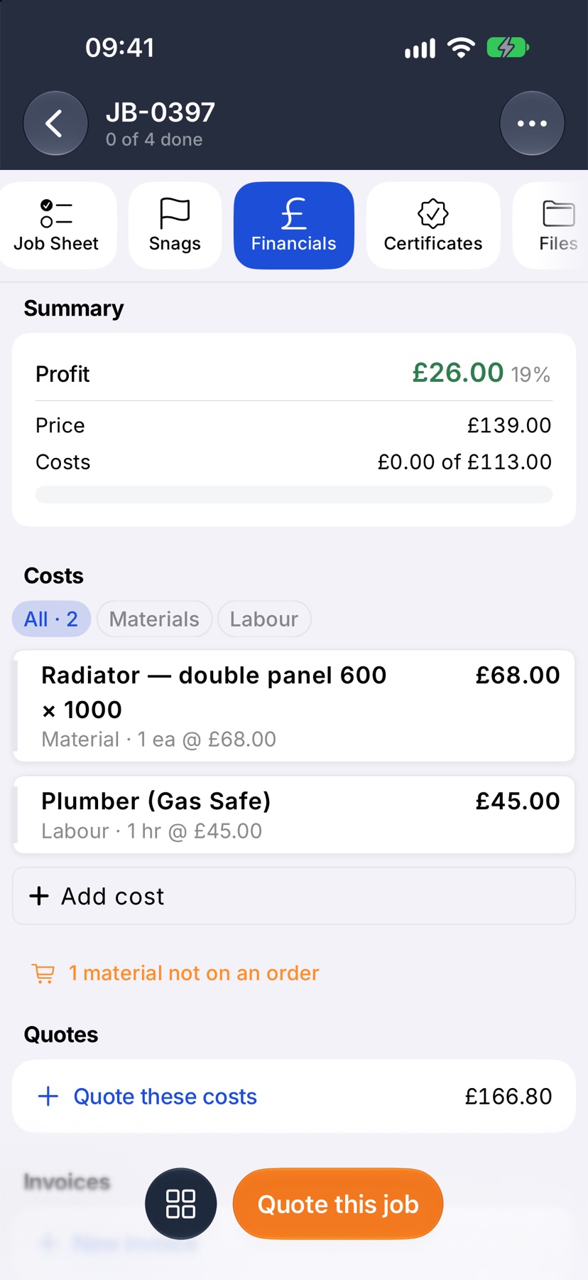 The Financials tab with a Profit card, two cost lines, and Quote these costs with its total