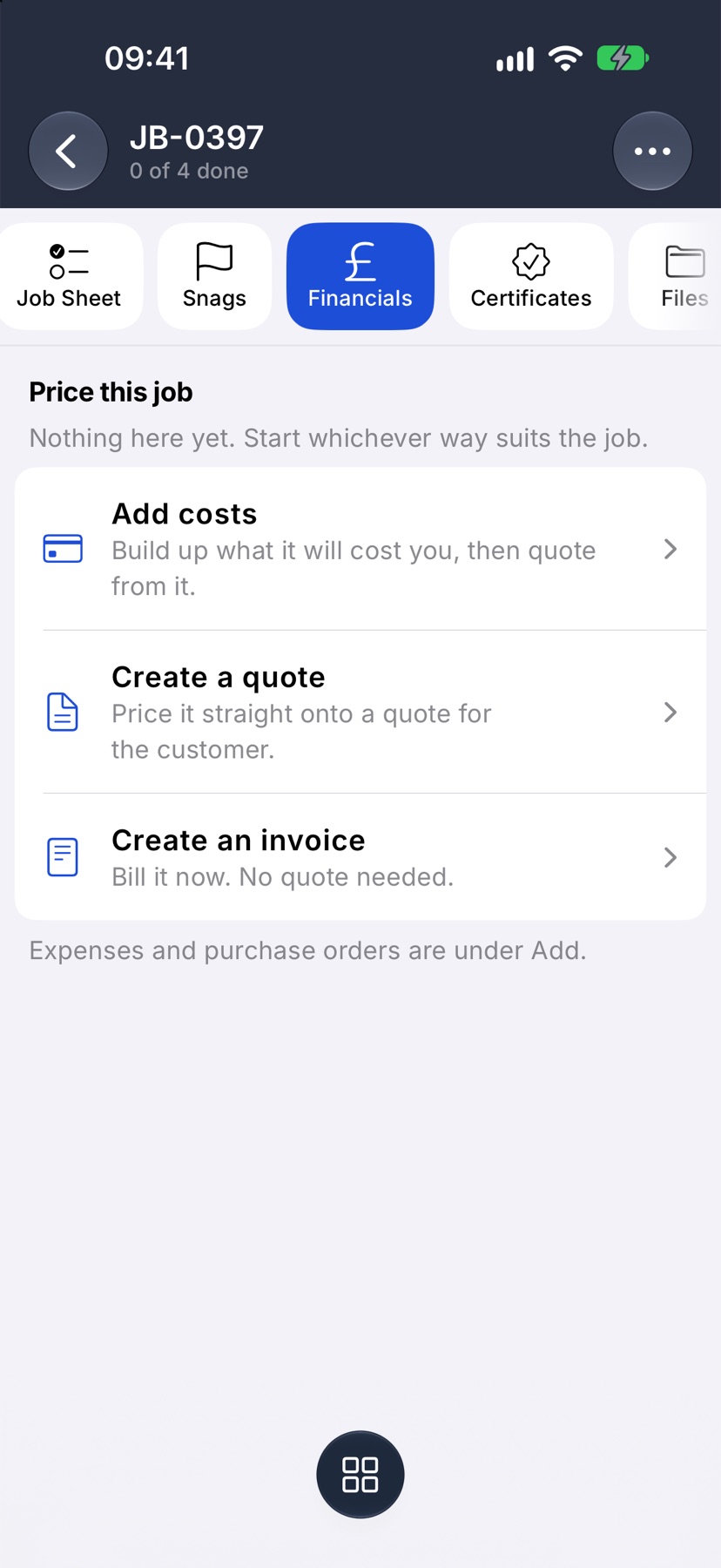 The Financials tab of a new job with three ways to start: Add costs, Create a quote, Create an invoice