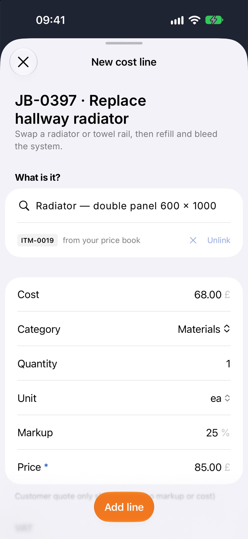 The cost line filled from the price book: cost, category, quantity, unit, markup and price