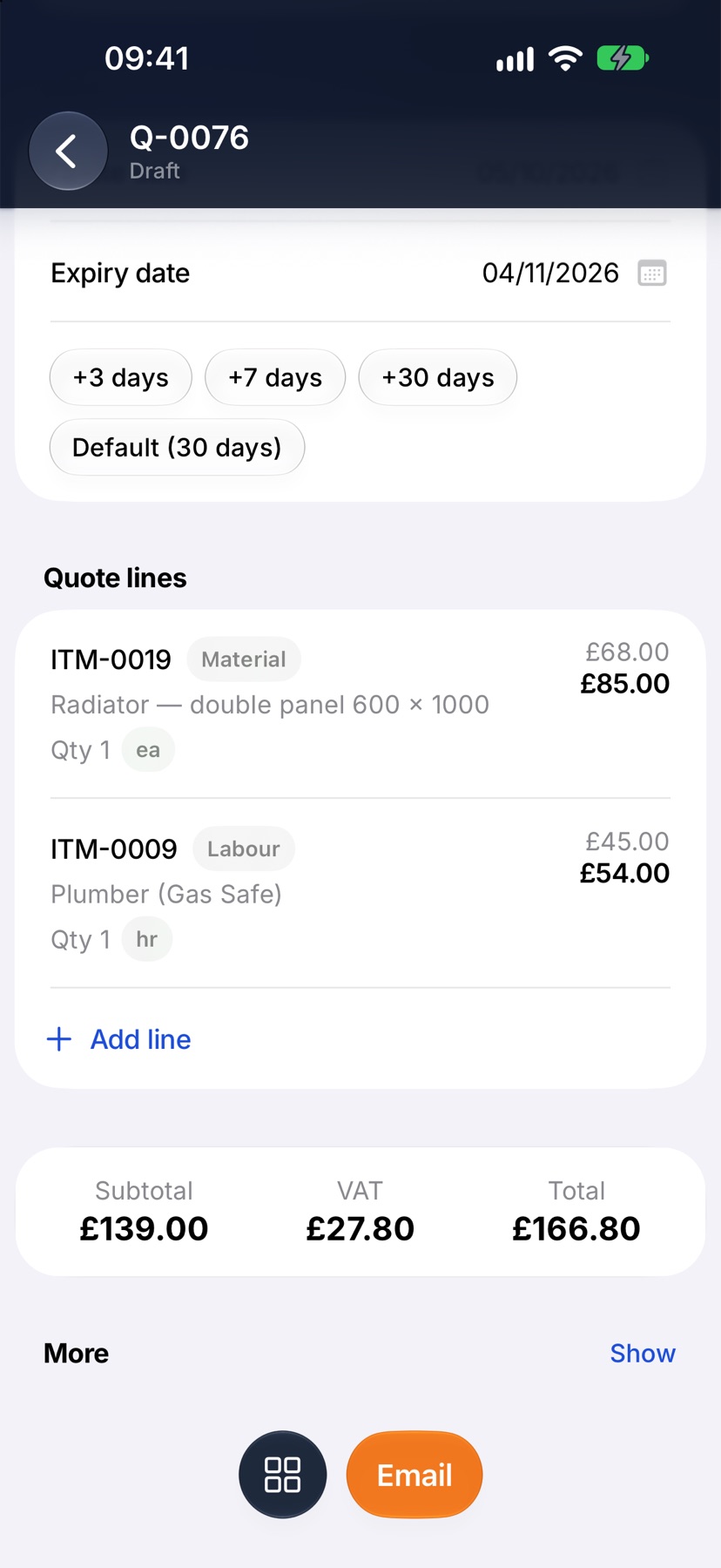 The draft quote with both costs as priced lines, the totals and the Email button