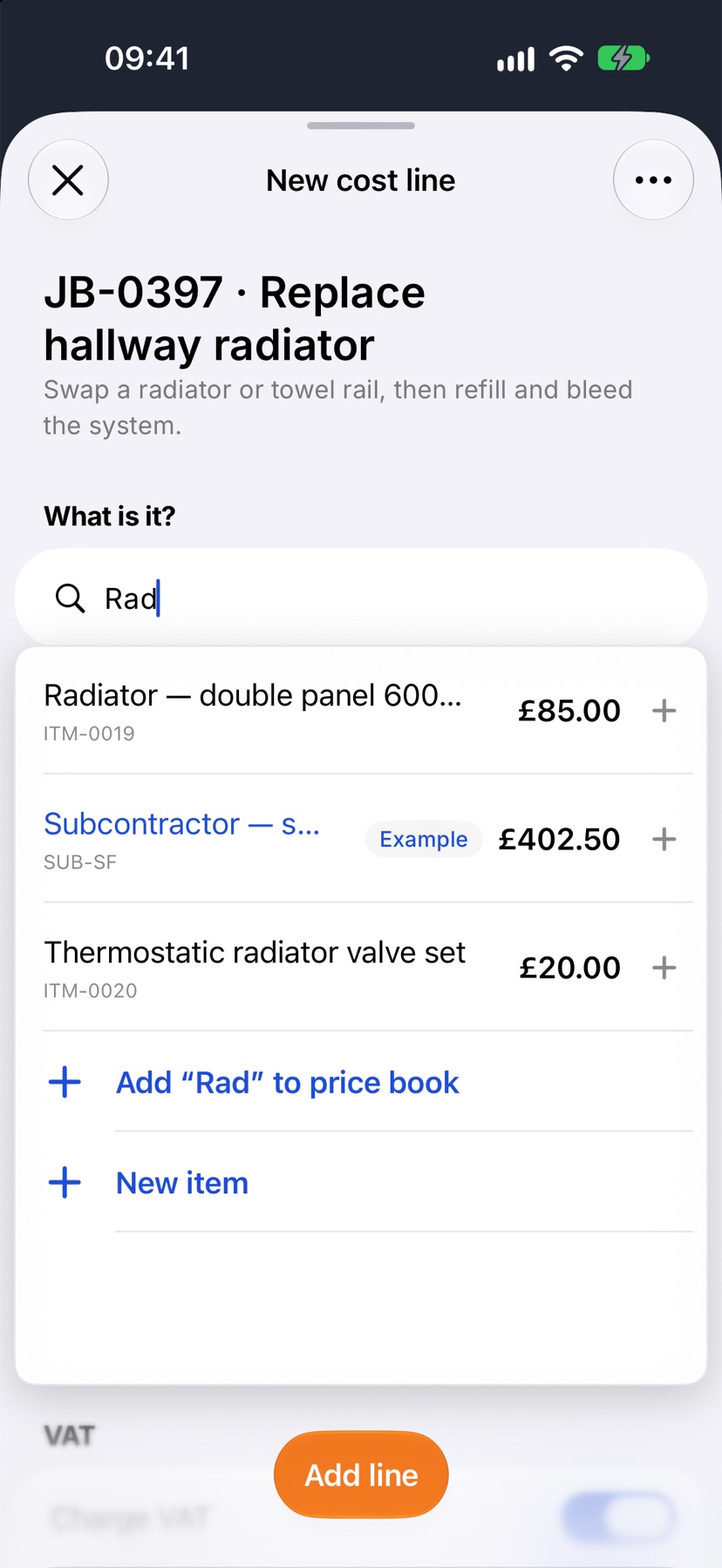 New cost line with a price book search and the matching radiator items