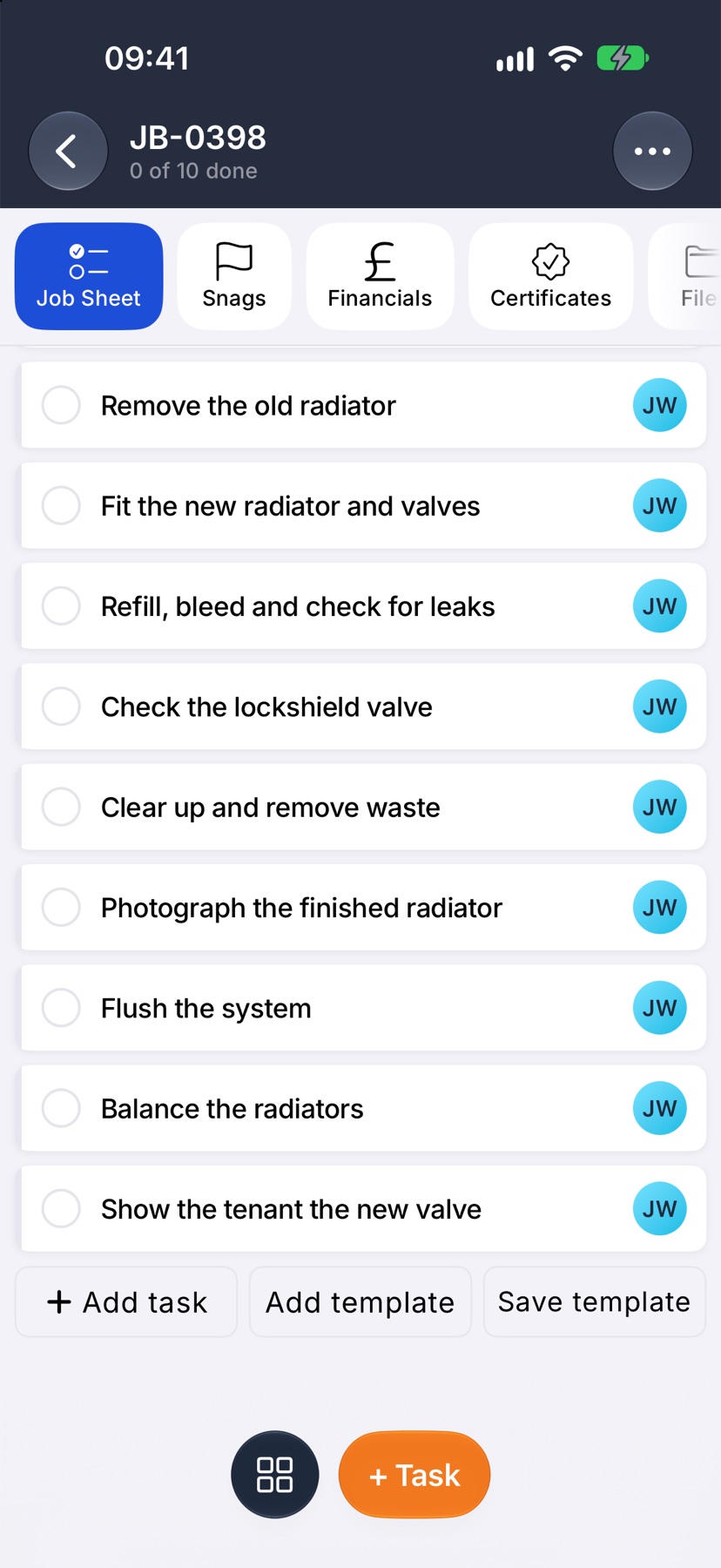 The job sheet with the three new tasks at the end