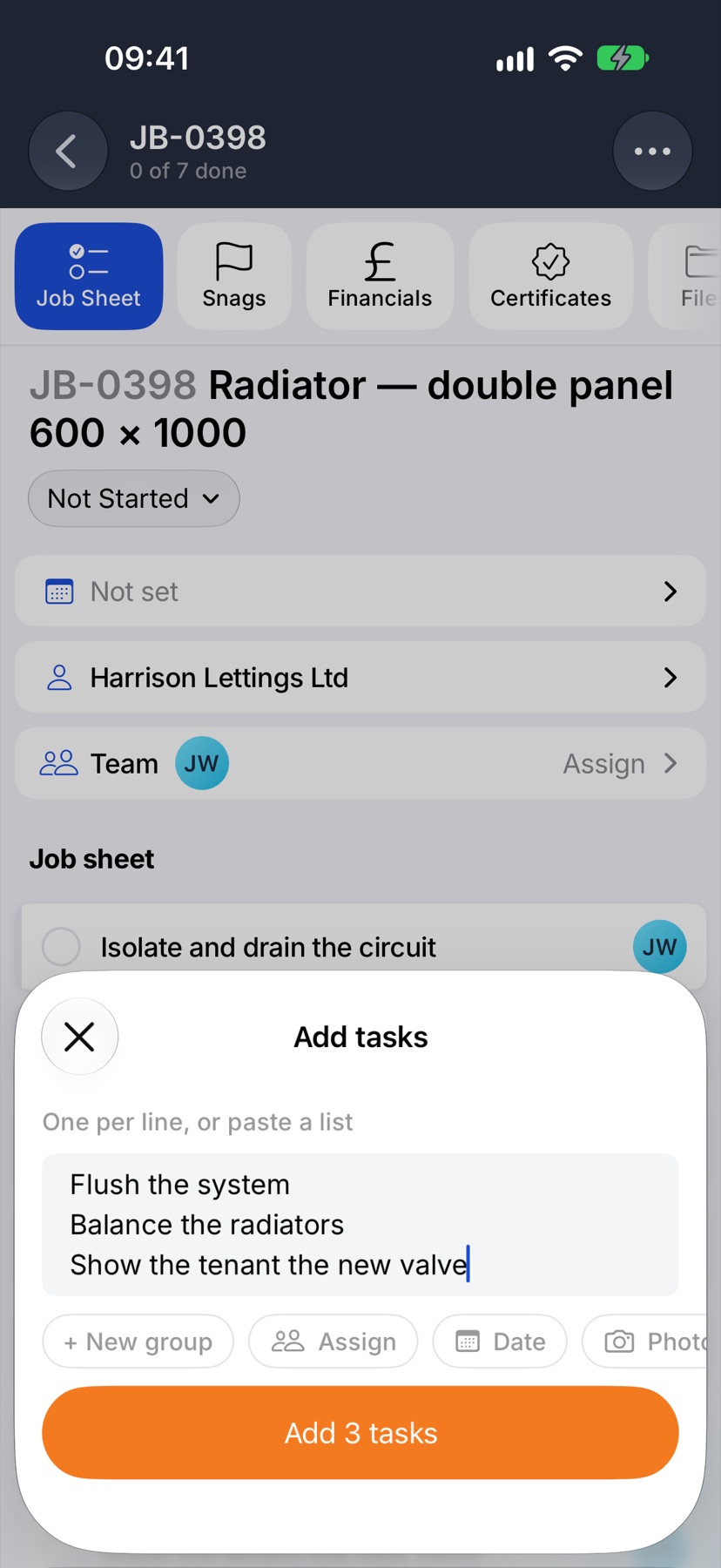 Three tasks typed on separate lines and the button reading Add 3 tasks