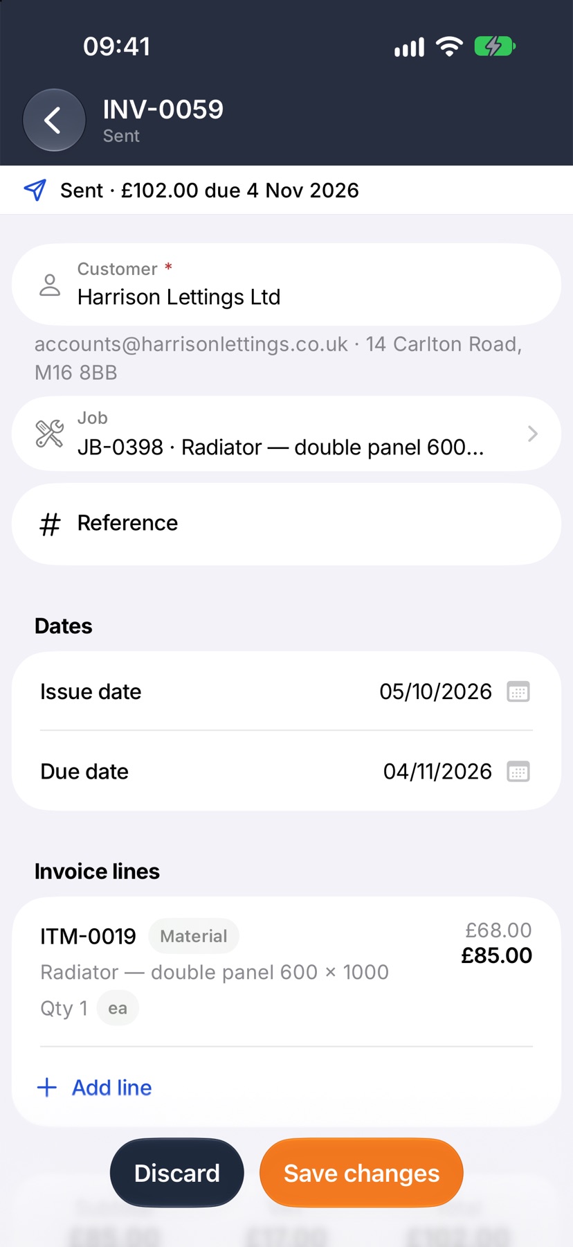 The invoice open for amending, showing Discard and Save changes at the bottom