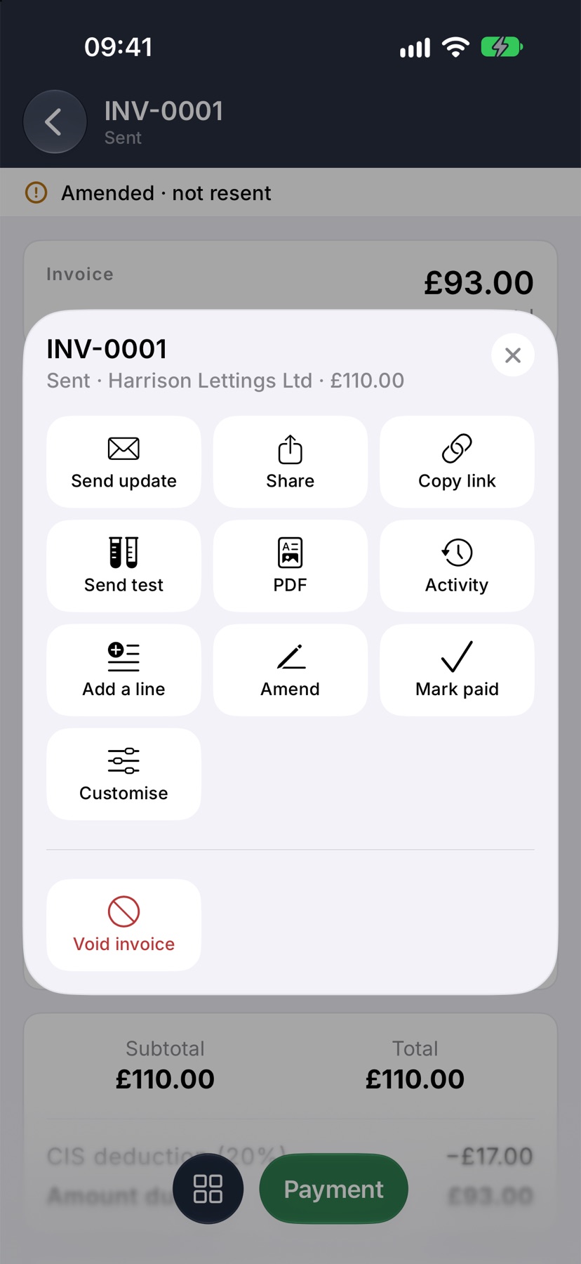 An amended invoice reading 'Amended · not resent' under the title, with its menu open