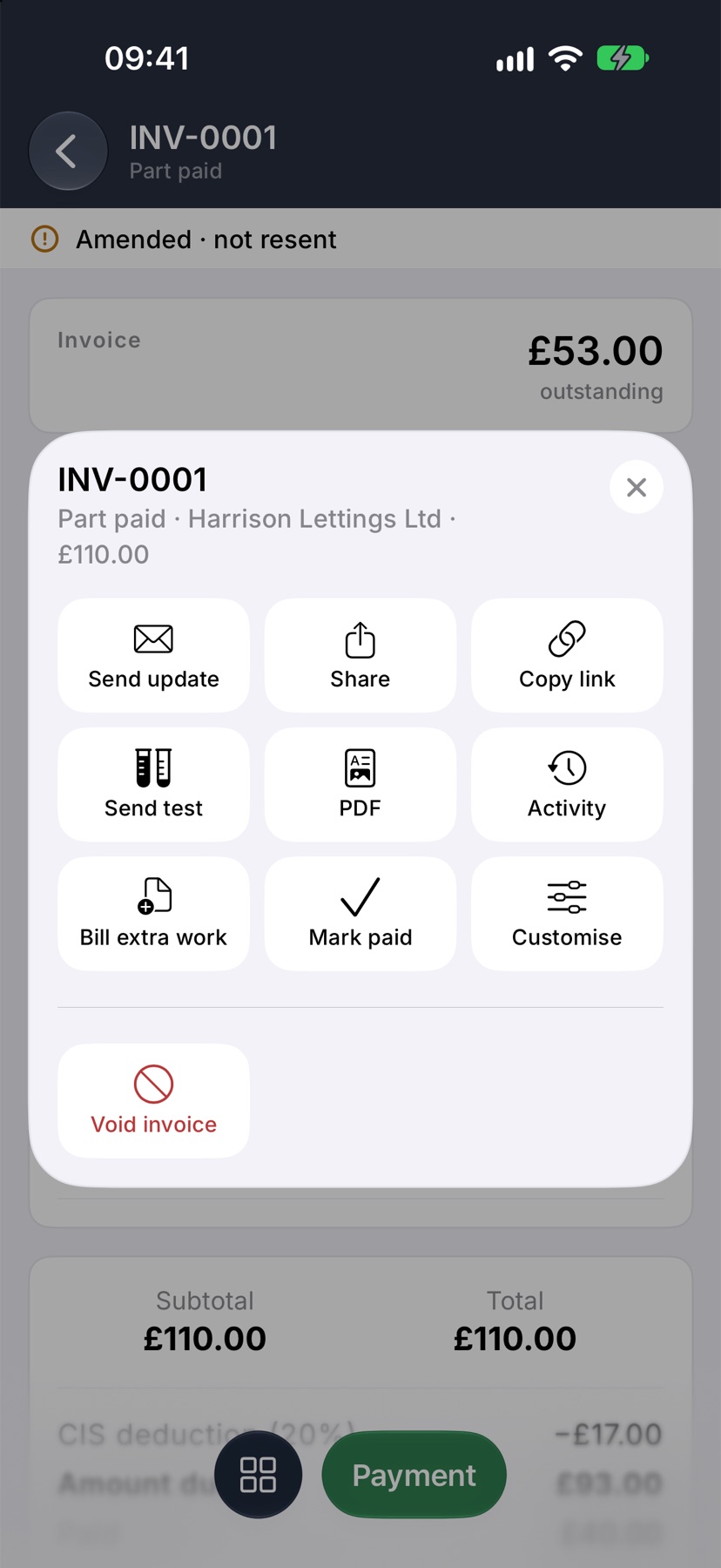 The menu open on a part paid invoice
