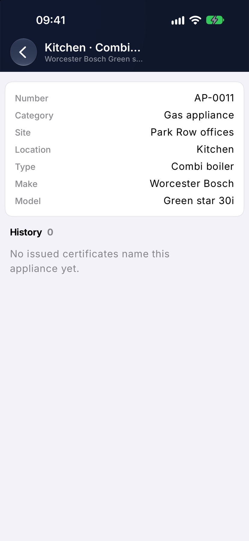 An appliance's page showing its details card and its History, empty until a certificate names it