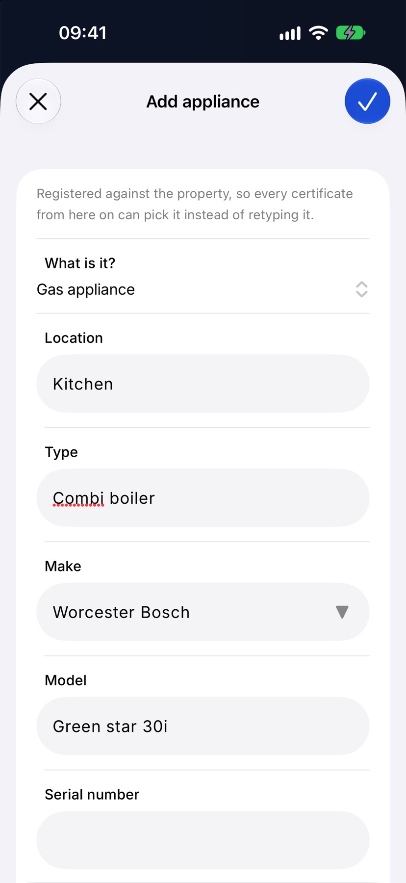 The Add appliance sheet filled in for a gas boiler: Location Kitchen, a Type, a Make, a Model and a Serial number