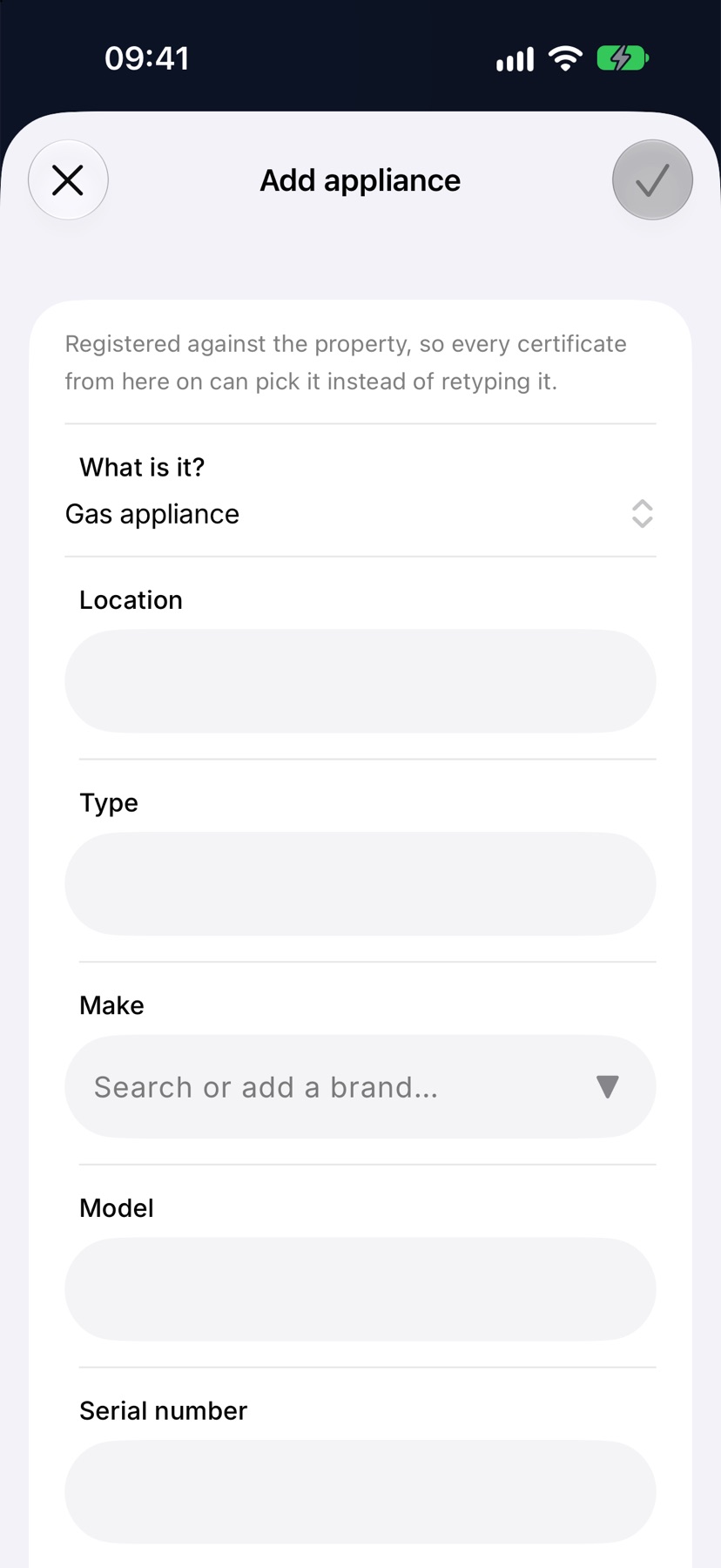 The Add appliance sheet as it opens, with What is it? set to Gas appliance 