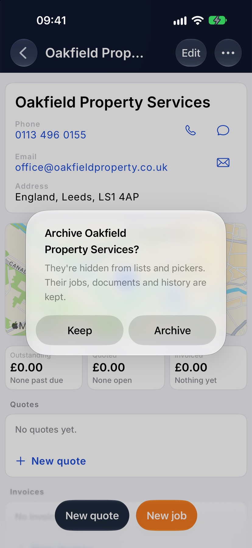 The confirmation 'Archive Oakfield Property Services?' with Keep and Archive buttons