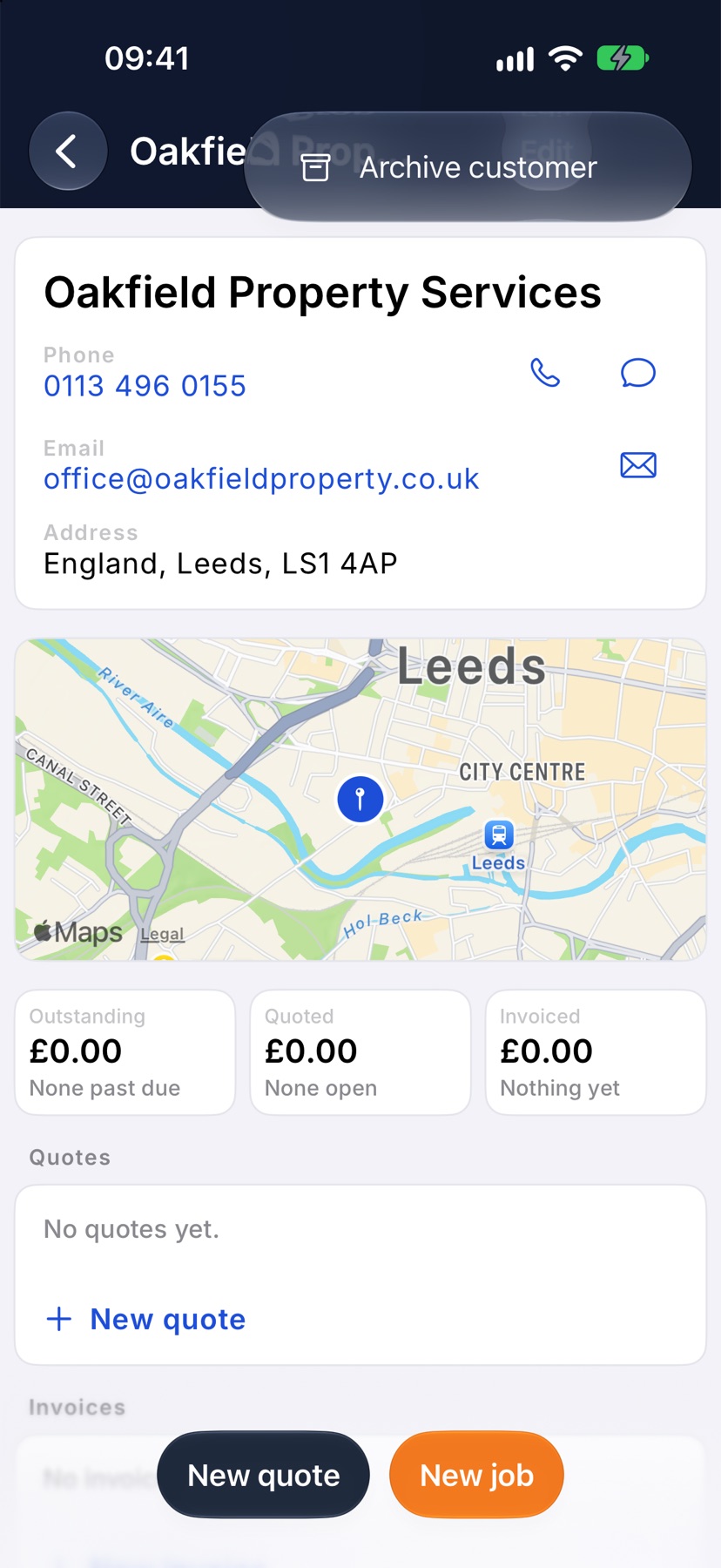 The Oakfield Property Services customer page with the three-dot menu open showing Archive customer