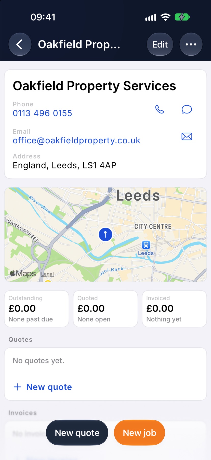 The Oakfield Property Services customer page with Edit and the three-dot button at the top right