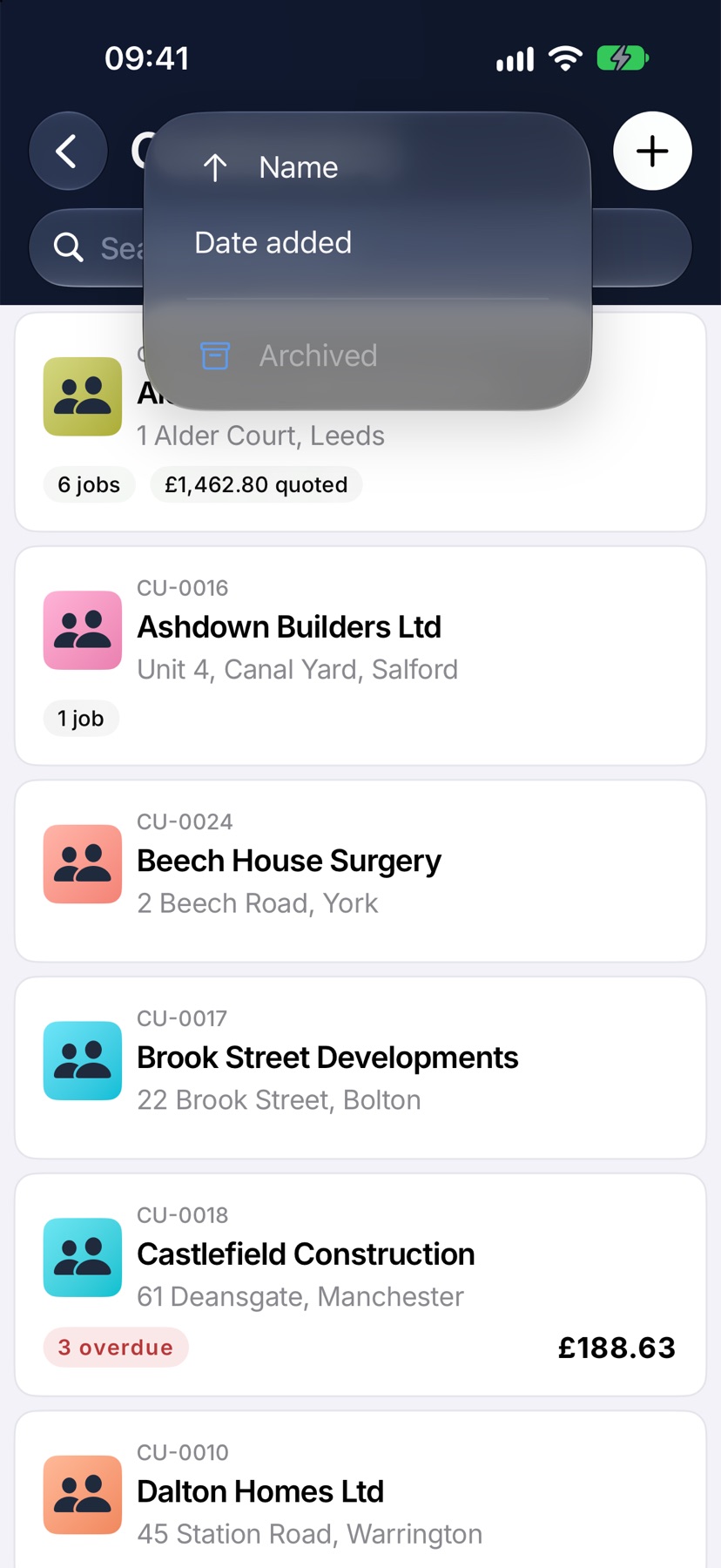 The Customers list with the sort menu open showing Name, Date added and Archived