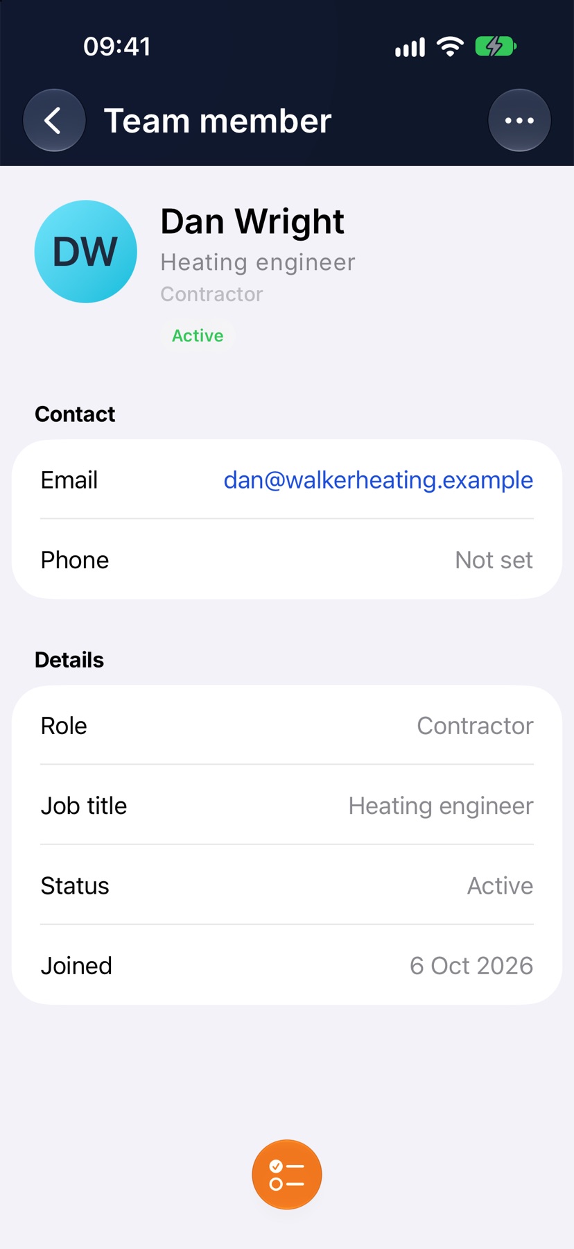 Dan Wright's Team member page with the orange assign button at the bottom