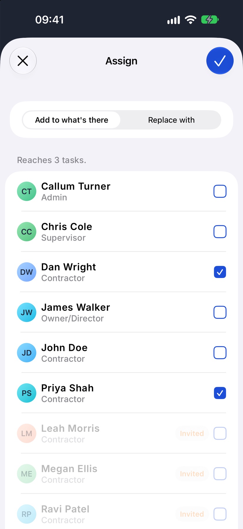 The Assign sheet opened from a selection of three tasks, with Add to what's there and Replace with at the top and a team list