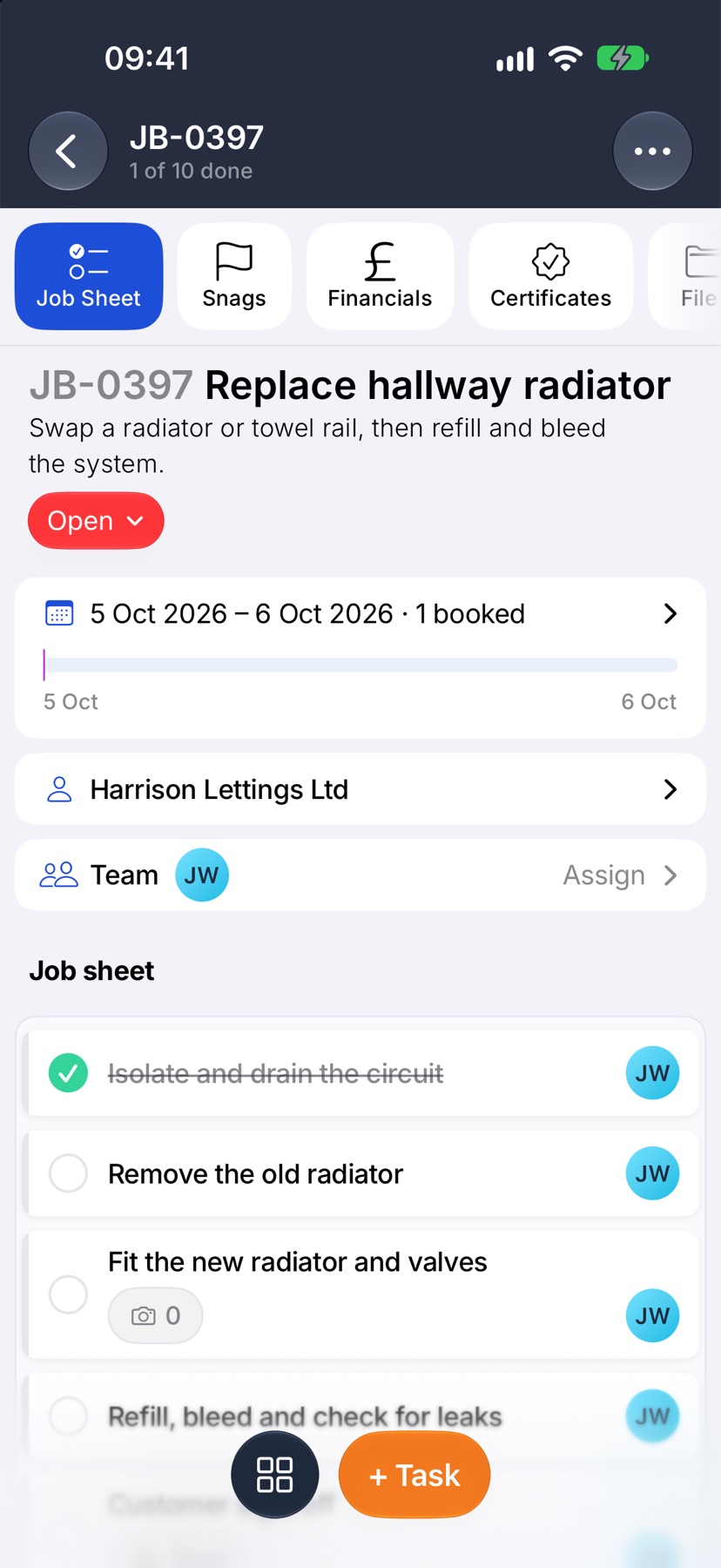 The top of a job page showing the dates card, the customer card and the Team card with one avatar and Assign at the right