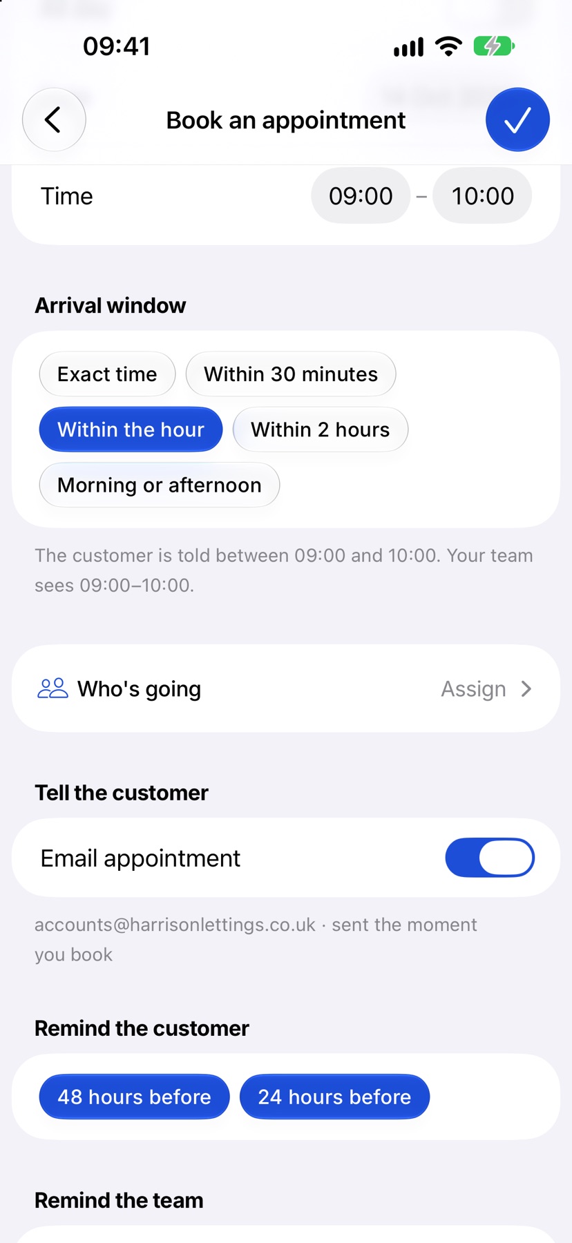 The When section of the Book an appointment form with a time of 09:00 to 10:00 and the Arrival window chips with Within the hour selected and its line of explanation underneath
