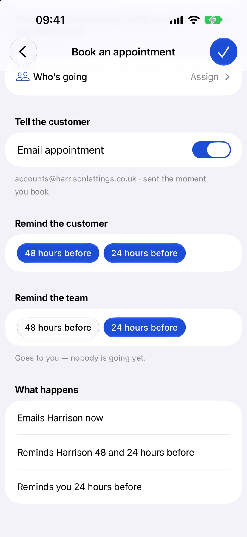 The lower half of the Book an appointment form: Email appointment switched on, Remind the customer with both chips selected, Remind the team with 24 hours before selected, and the What happens lines