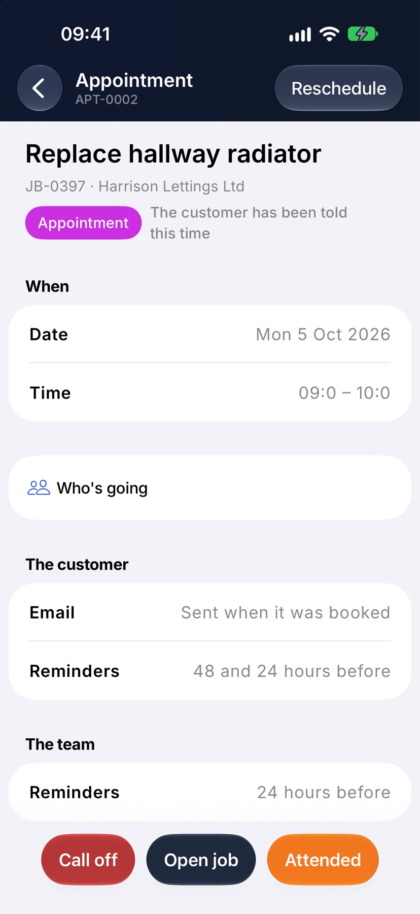 An Appointment page with Reschedule at the top right