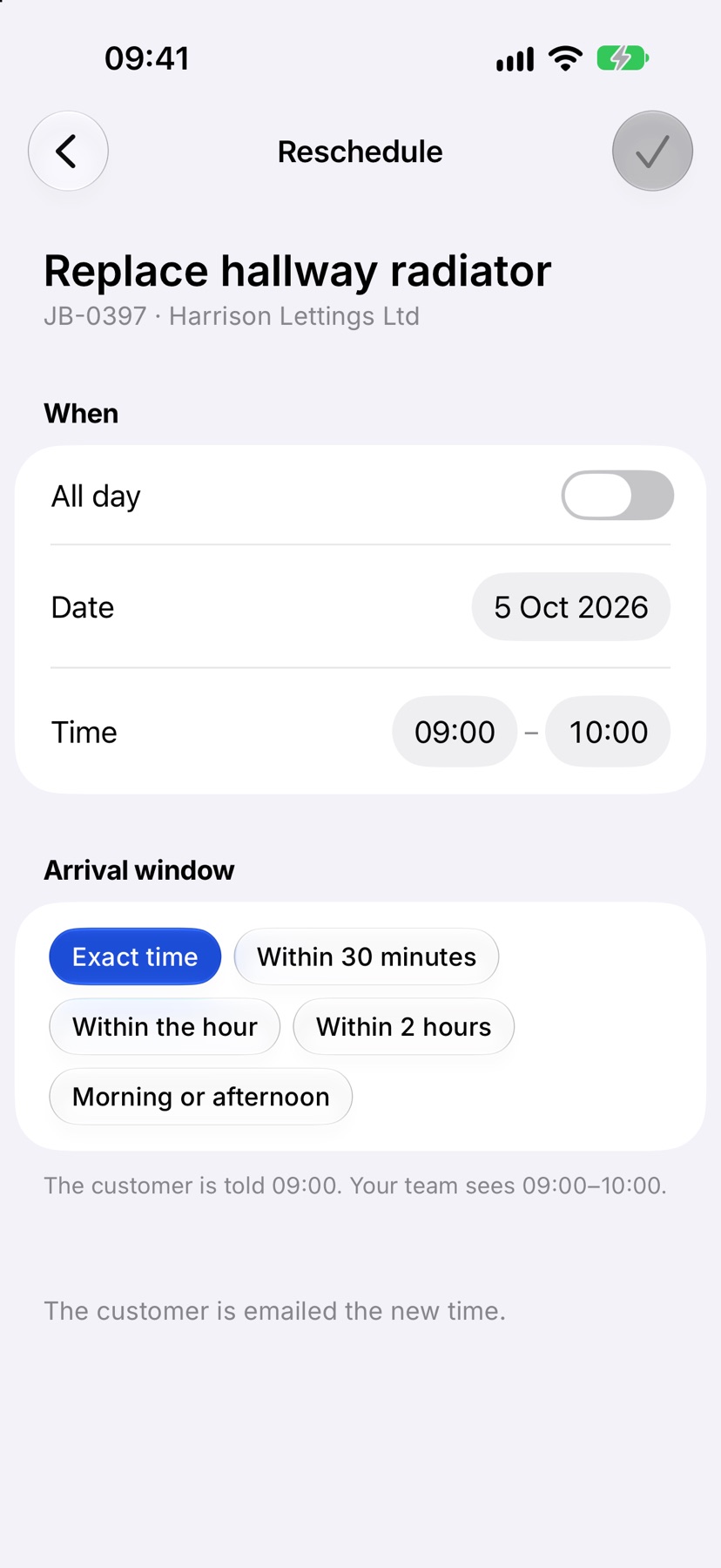 The Reschedule screen with the Date, Time and Arrival window, and the line The customer is emailed the new time