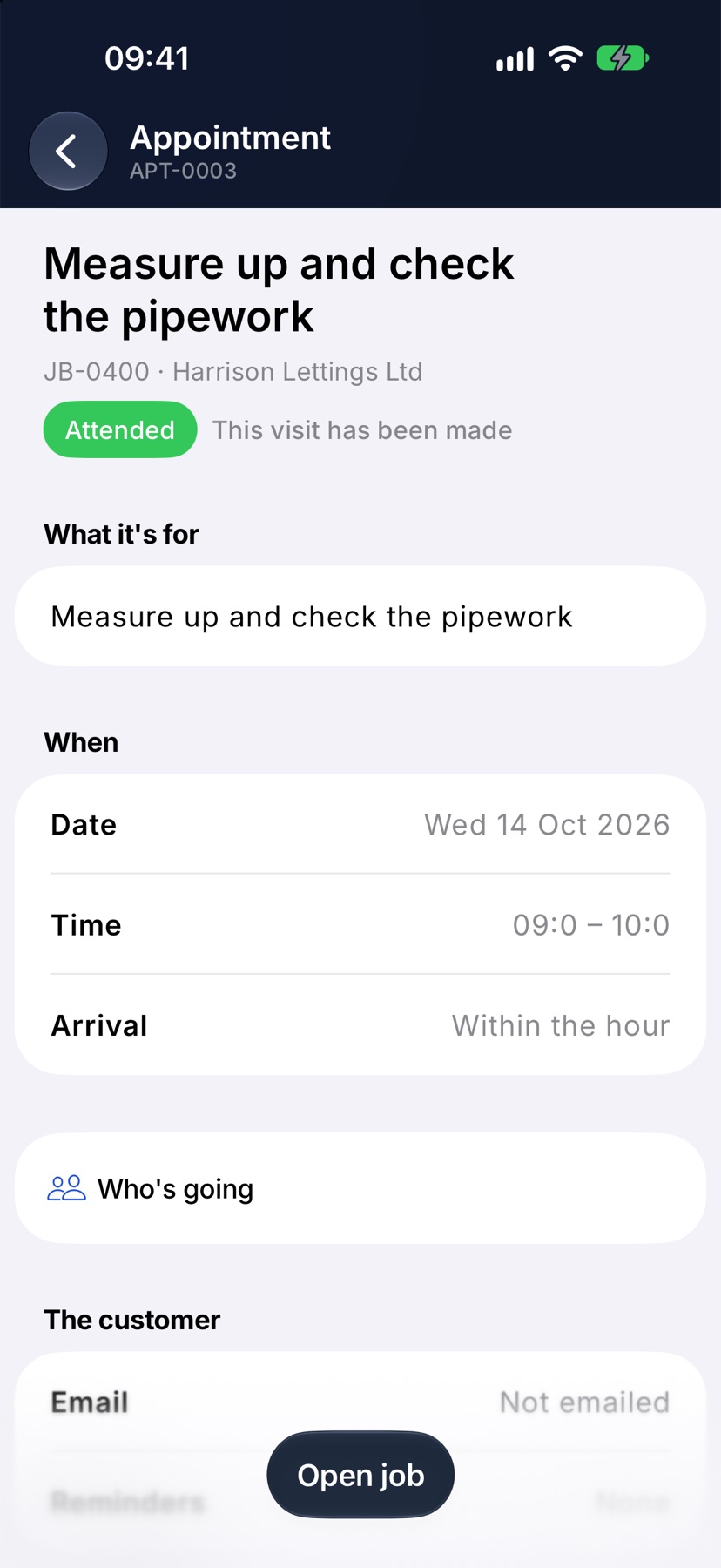 The same appointment afterwards, with the green Attended status capsule and the line This visit has been made
