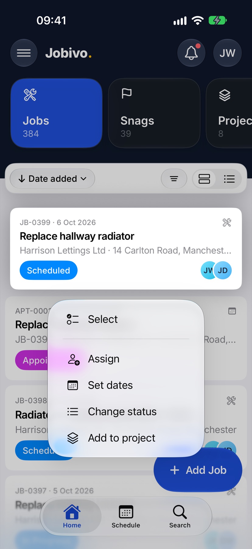 Home with Jobs selected and the tap-and-hold menu open on the job Replace hallway radiator, listing Select, Assign, Set dates, Change status and Add to project