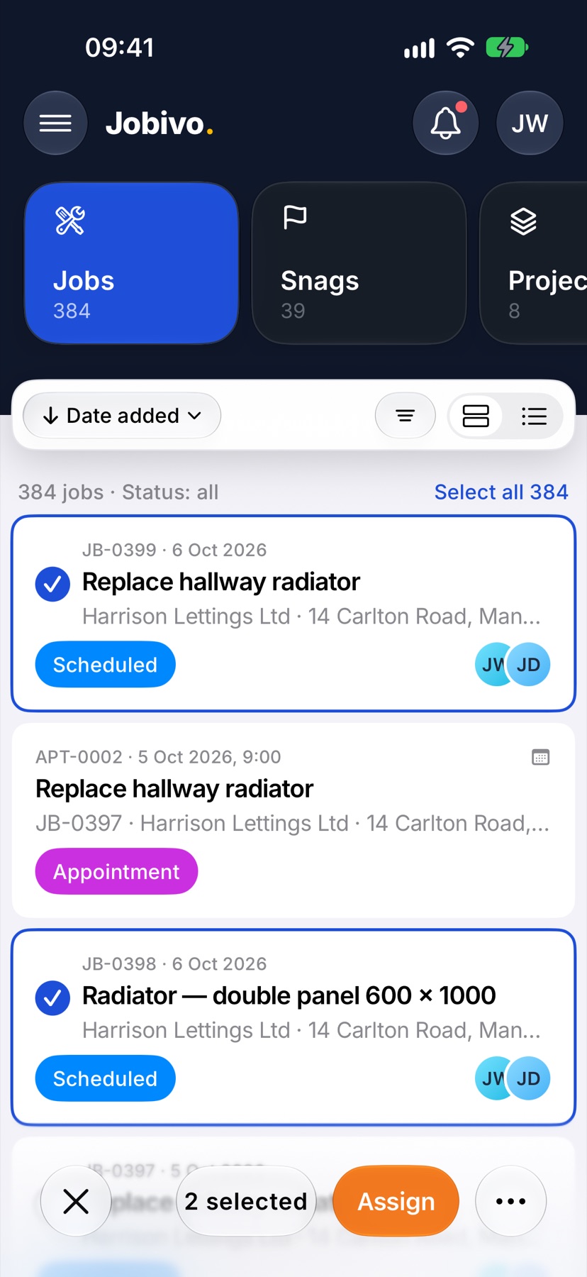 Home in selection mode with two jobs ticked, the line above the list showing the count with Select all beside it, and the bottom bar reading 2 selected