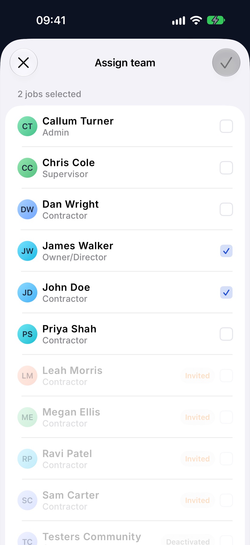 The Assign team sheet for 2 jobs selected, with two members ticked