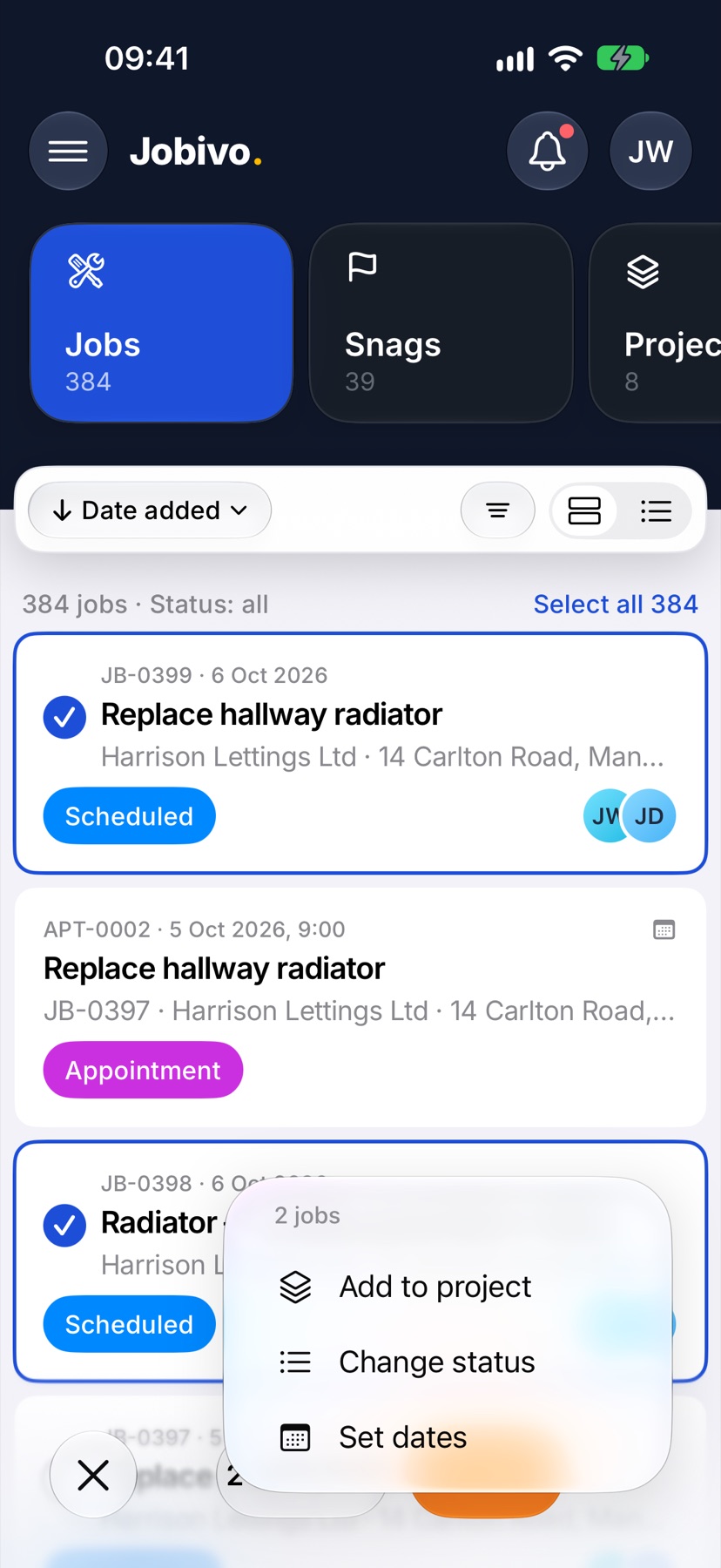 Home in selection mode with the three-dot menu open in the bottom bar, listing Add to project, Change status and Set dates under 2 jobs
