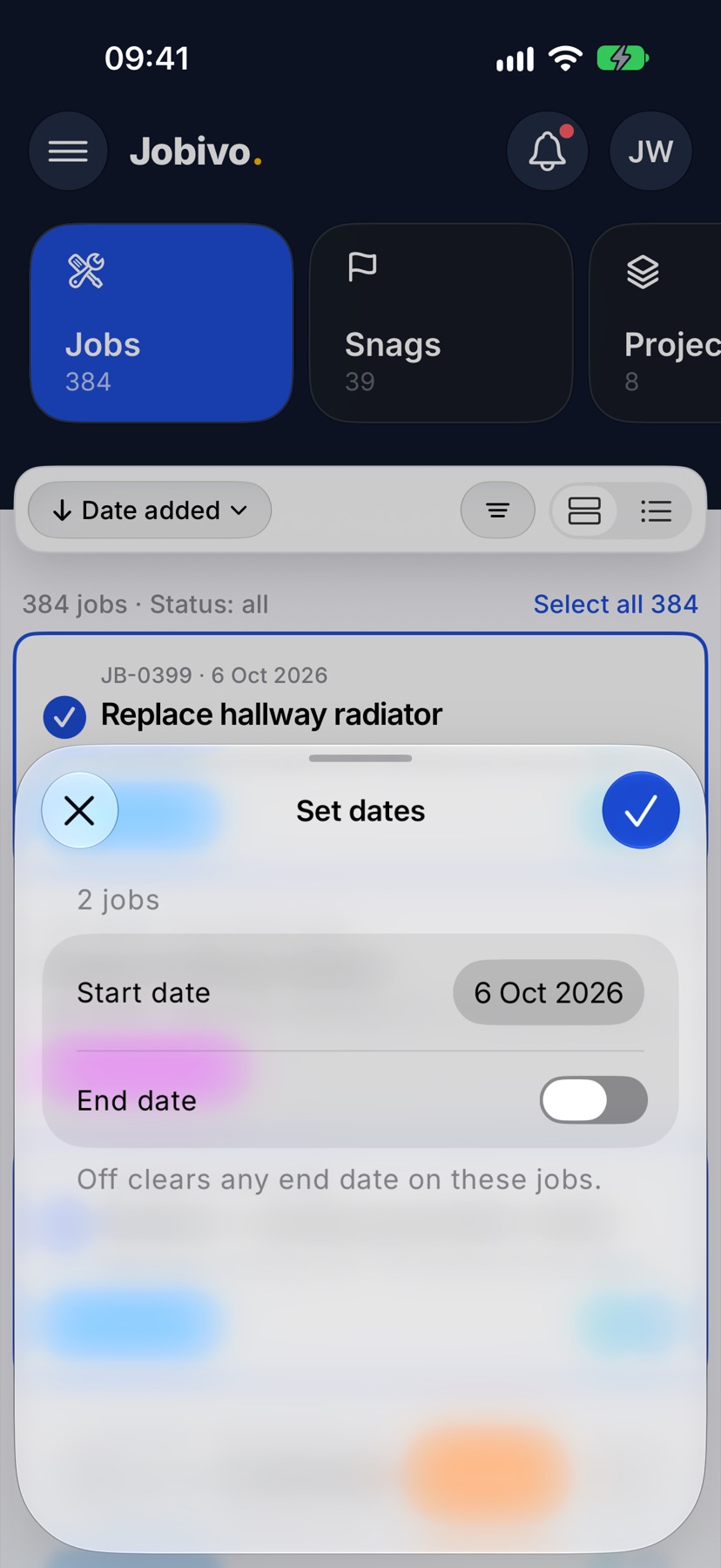 The Set dates sheet for 2 jobs with a Start date chosen and the End date switch