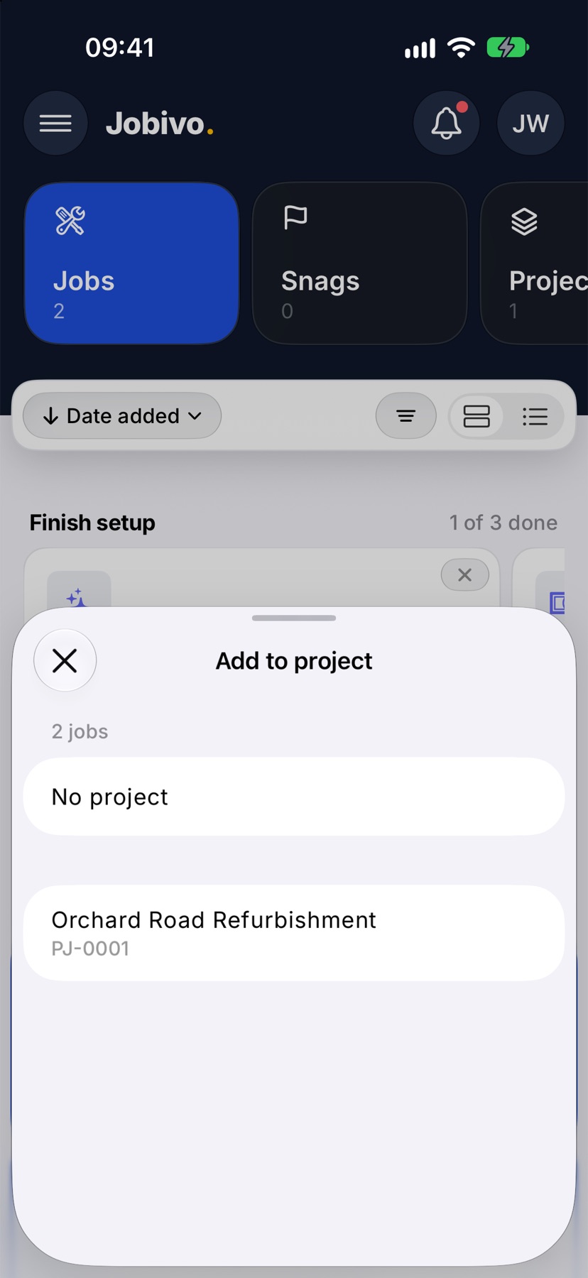 The Add to project sheet for 2 jobs, listing No project and the project Orchard Road Refurbishment with its number