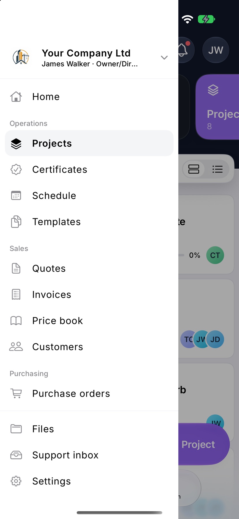The menu open with Operations showing Projects, Certificates, Schedule and Templates