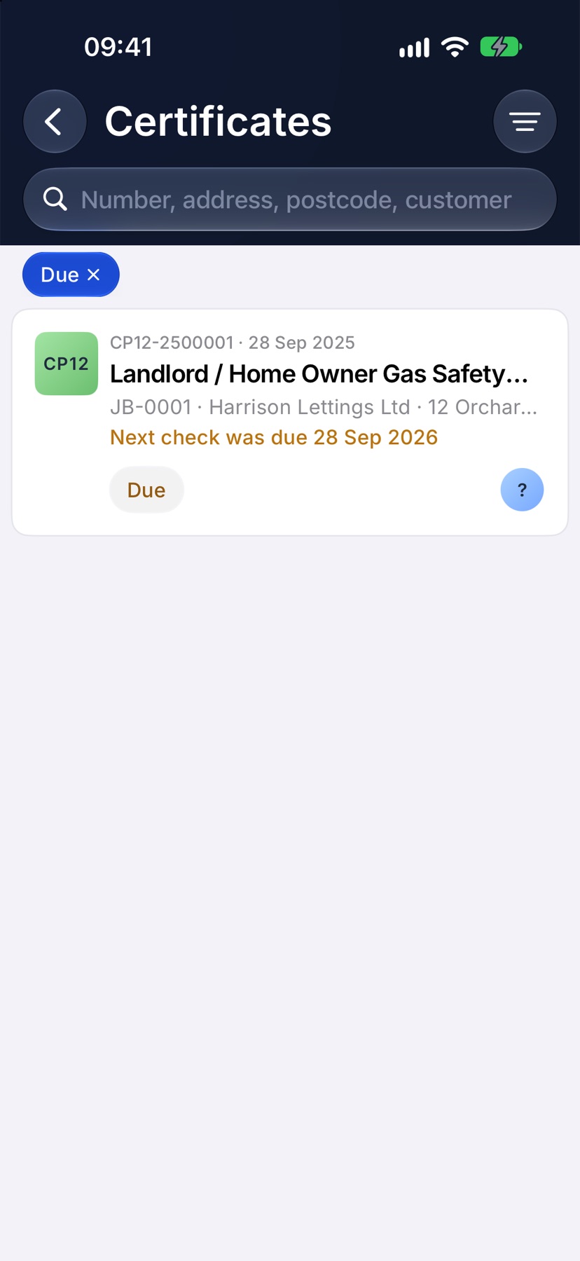 The Certificates register filtered to Due, with a Due chip above the list and a gas safety record showing Next check was due 28 Sep 2026