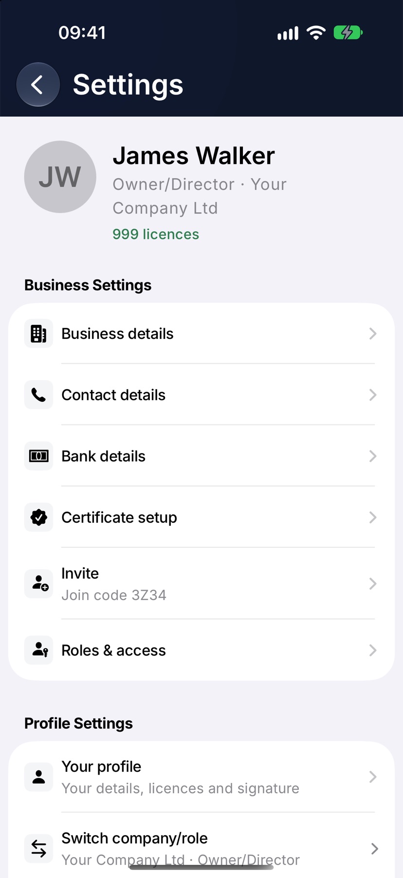 The Settings screen showing Business Settings with Business details, Contact details, Bank details and Certificate setup